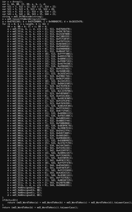 Client-side JavaScript showing MD5 hashing and truncation logic